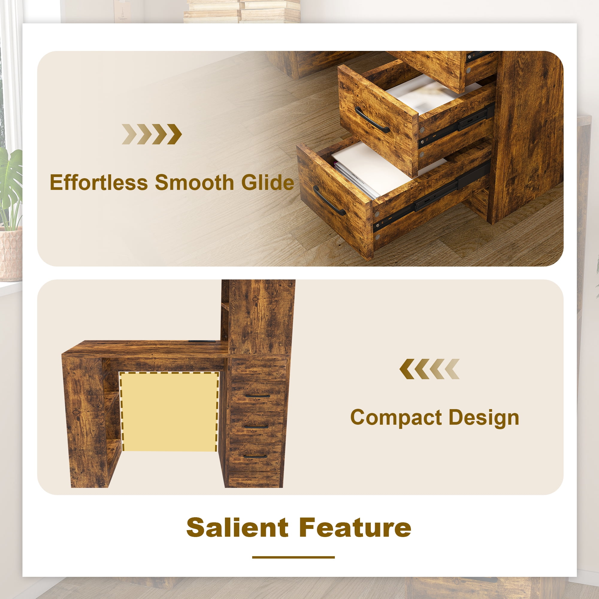Computer Desk with 4-in-1 Socket & 3 Drawers, 4-Tier Storage Shelves, Carbonized Wood Finish Laminate for Home Office, Study, Bedroom
