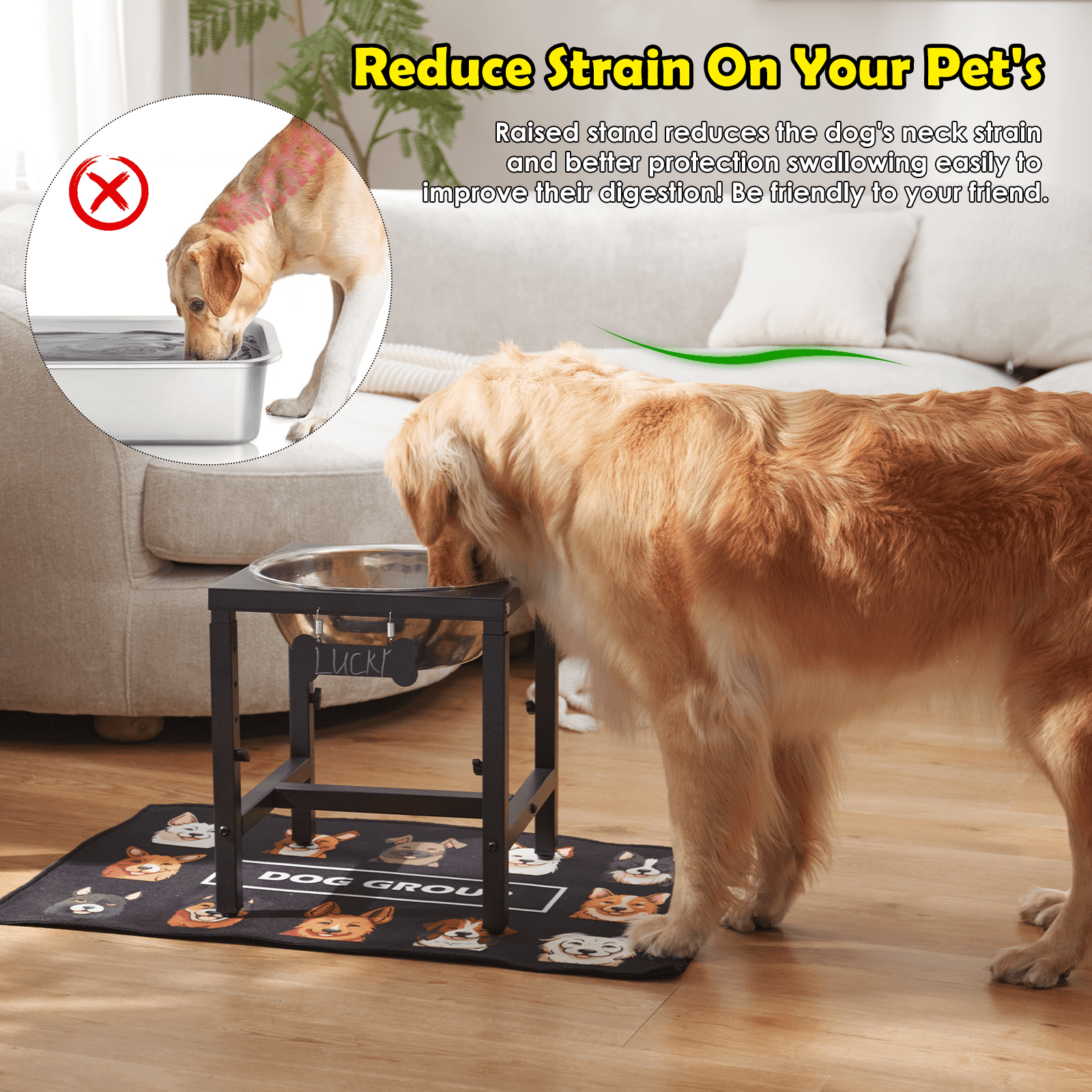 1.6 Gallon Elevated Dog Water Bowl for Large Dogs, 4-Height Adjustable (15–20'') Raised Stainless Steel Bowl with Spill-Proof Mat & Sturdy Metal Stand