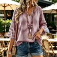 thumbnail image 2 of Women's Plus Size Gingham Blouses V Neck 3/4 Sleeve Loose Tunic Shirts Work office Casual Summer Tops Lightweight Everyday Plaid Shirts Hot Pink, 2 of 7