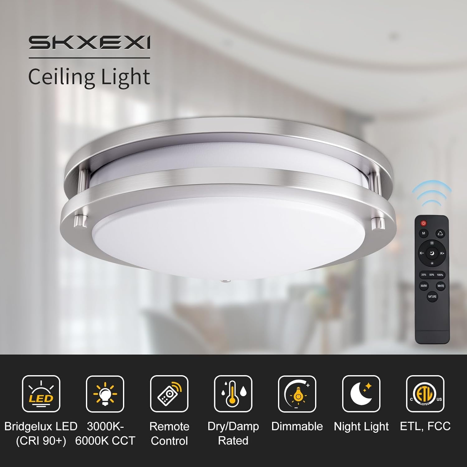 RGHJAR-Flush Mount Ceiling Light with Remote: 10 Inch Lights Fixture, 3000K-4500K-6000K Adjustable 3 Color Temperature, Dimmable Lighting Fixtures for Kitchen Bedroom Hardwired Installation (Silver)
