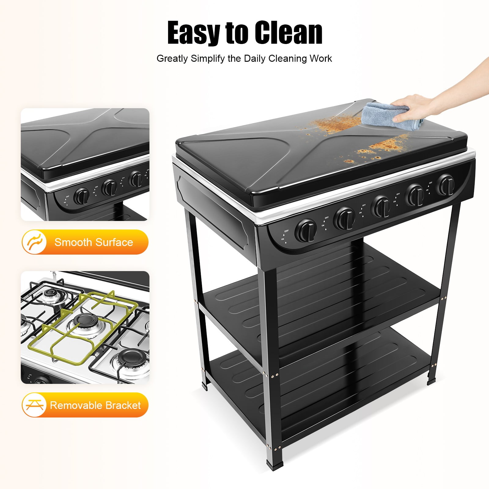 5 Burner Natural Gas Stove, Portable Outdoor Stove with Removable Bracket, 2.5KW Iron Gas Cooker, Fast Heat Camping Stove with Support Leg for Camping Picnic Home RV Cooking (Black)