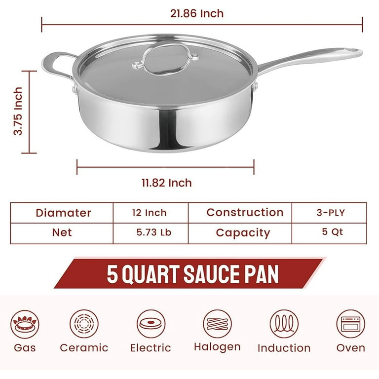  ROYDX 12 Inch Stainless Steel Skillet with Lid 5qt