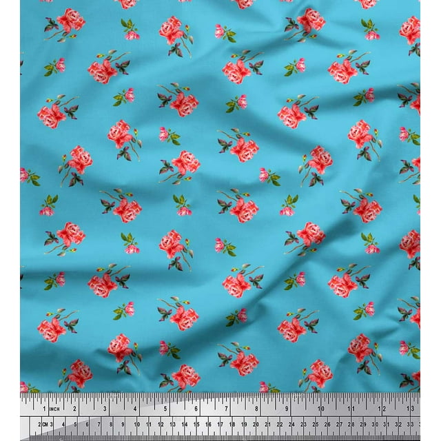 Soimoi Poly Georgette Fabric Leaves & Rose Floral Decor Fabric Printed Yard 52 Inch Wide