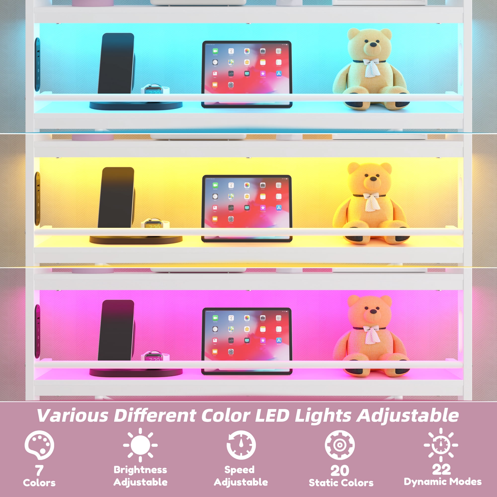 Yoneston Twin Size Power Outlet LED Light Metal Platform Bed Frame with 2-Tier Storage Headboard for Girls Kids Teens Bedroom, White