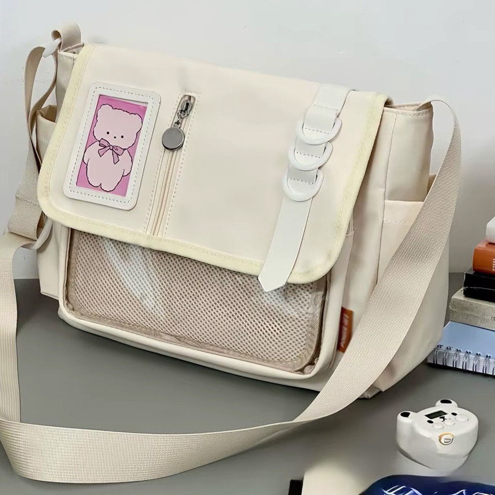 Yvsxxv White Transparent Window Nylon Ita Crossbody Handbag for DIY Badge Display