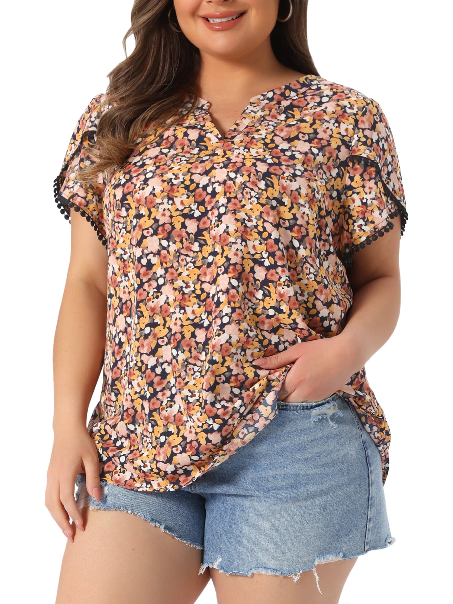 Women's Plus Tops Floral V Neck Tulip Sleeve T-Shirt Tee Summer Top 3X Yellow Pink
