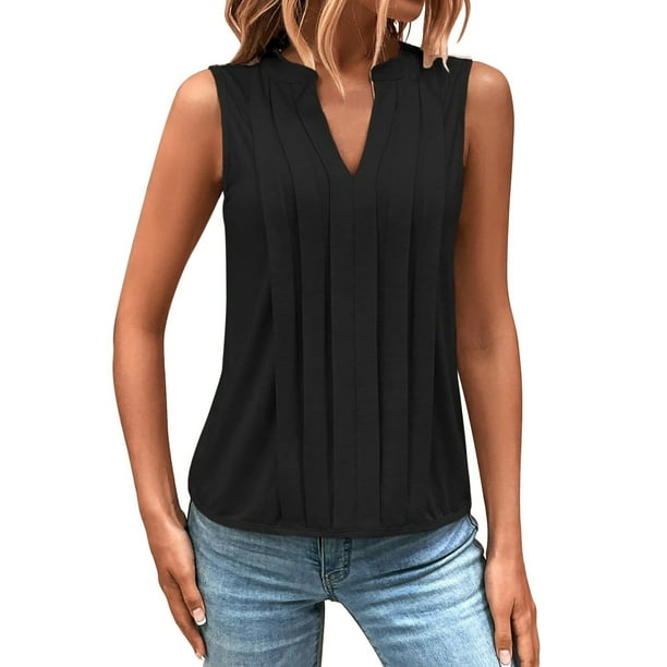 Top sin mangas con cuello en V y pliegues para mujer, poliéster-spandex, tallas S-XXL, elegante/casual, bloques de color