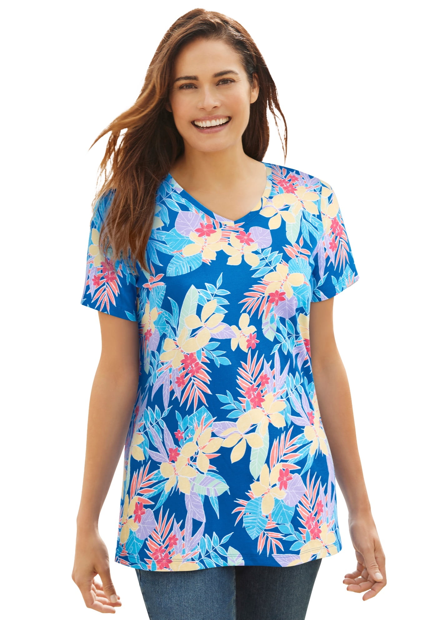 Woman Within Women's Plus Size Perfect Printed ShortSleeve VNeck Tee