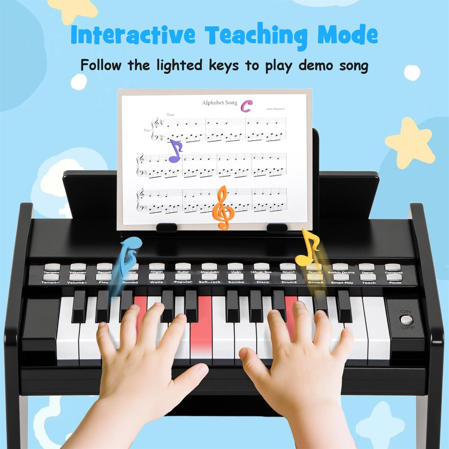 Demi Bonn Black 25-Key Piano Keyboard, Music Enlightenment, Adjustable Speed & Volume, Energy-Saving Mode