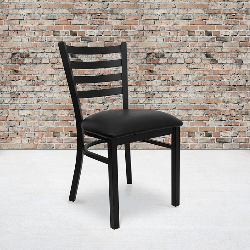 Black Ladder Back Metal Restaurant Chair Black Vinyl Seat