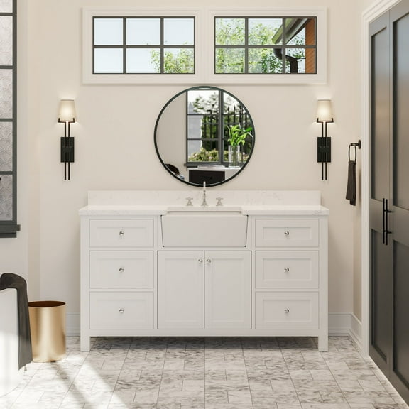 Yorkshire 60" Single Farmhouse Bathroom Vanity with White Cabinet and Engineered Marble Top