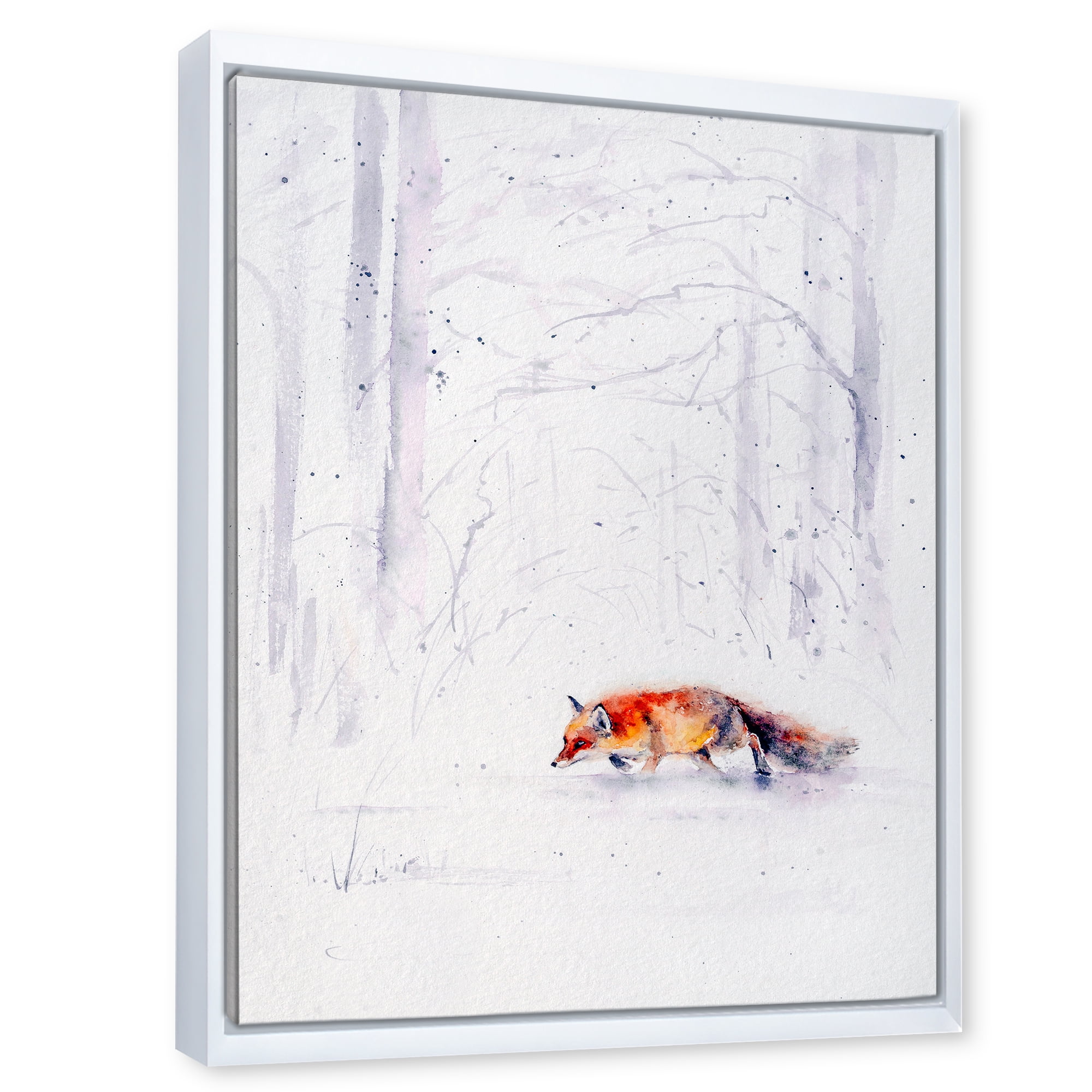Designart 'Red Fox Running In White Snow in Countryside II' Farmhouse Framed Canvas Wall Art Print