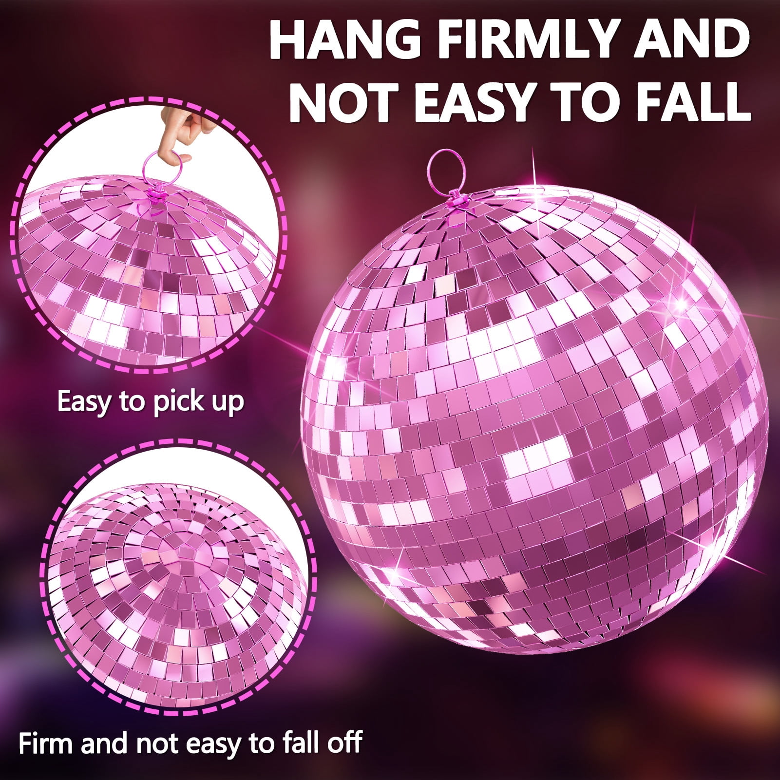 Baellsa 16" Mirror Disco Ball for DJ Club Party Live Stage Wedding Home Decor, Light Effect Mirror Ball with Hanging Ring (Pink)