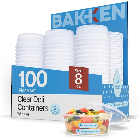 Bakken Plastic Deli Containers with Lids 8oz (100 Pack), Leak-Proof Food Storage for Soup, Meal Prep & Slime, Stackable, Freezer & Microwave Safe