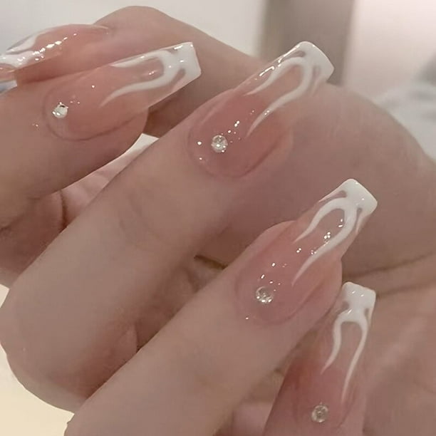 Uñas postizas de cobertura completa, Uñas postizas acrílicas, purpurina, mariposa, diamantes de imitación, color rosa degradado, 24 unidades