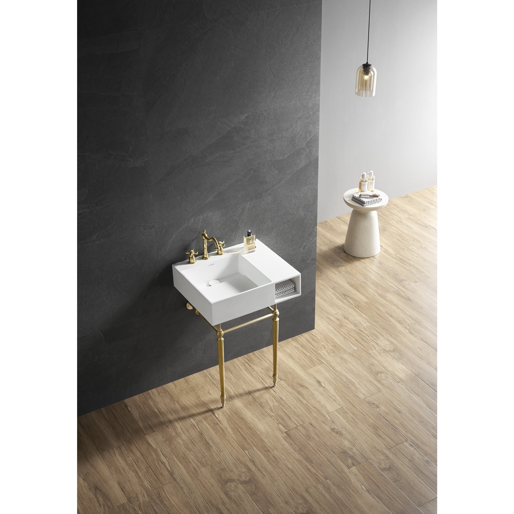Kingston Brass KVPB3248SQA7 Aurelius 24-Inch Solid Surface Console Sink with Brass Legs (8-Inch, 3-Hole) in Matte White/Brushed Brass