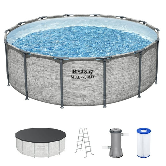 Bestway Steel Pro MAX 14'x48" Metal Frame Above Ground Pool w/Pump, Ladder, & Cover, Stone
