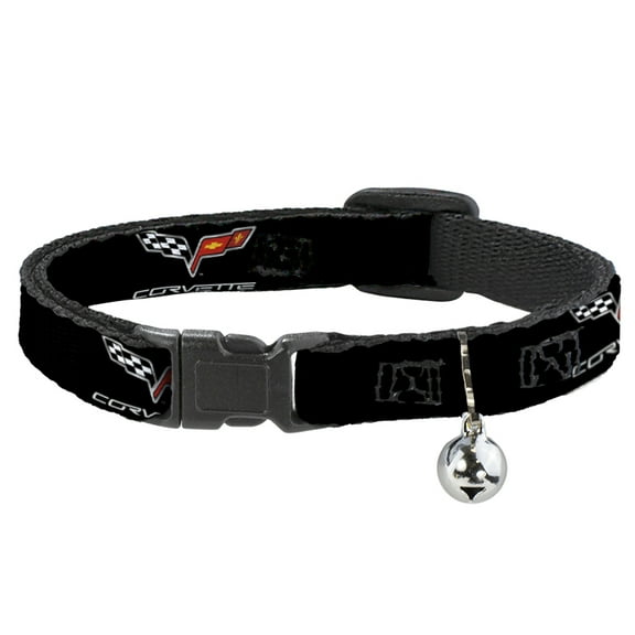 Corvette Breakaway Cat Collar With Bell, Plastic Clip, Easy Adjustable, C6 Logo Repeat, 8.5 to 12 Inches 0.5 Inch Wide