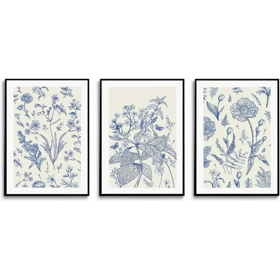 FCCUYE Framed Blue White Chinoiserie Floral Canvas Wall Art Navy Watercolor Flower Painting Posters Set of 3 Minimalist Botanical Wildflower Prints Picture Home Decor for Bedroom Living room 12"x16"