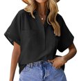 thumbnail image 3 of Raeneomay Button Down Shirts for Women Solid V-Ncek Short Sleeved Solid Color Short Sleeved Solid Color Double Pocket Pullover Shirt Loose Cotton Linen Shirt Short Sleeved V-Ncek Top/Shirt, 3 of 5