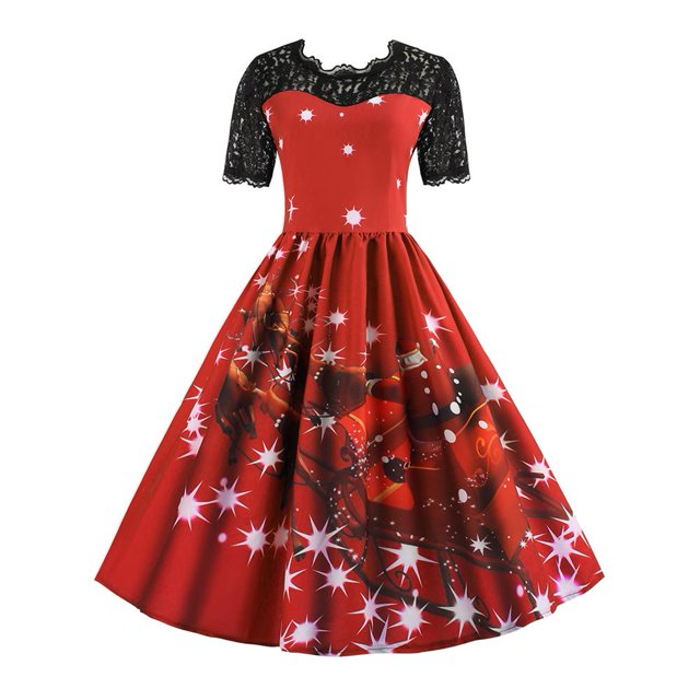 Vestido De Navidad De Manga Corta Con Estampado Vintage Vestidos De Encaje Para Mujer (Rojo Xl) Tmvgtek Mujer