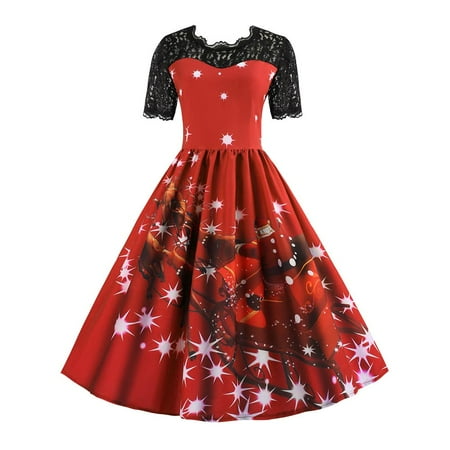 Manlo Retro Bling Printing Short Sleeve Xmas Slim Dress Women Lace Party Swing Dresses Walmart Canada
