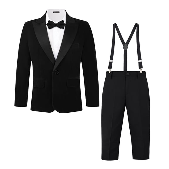 ETHAN 3 Pieces Boys Velvet Suit Jacket Pants Set for Wedding Prom Party Tuxedo with Kids Suspenders Black 2T