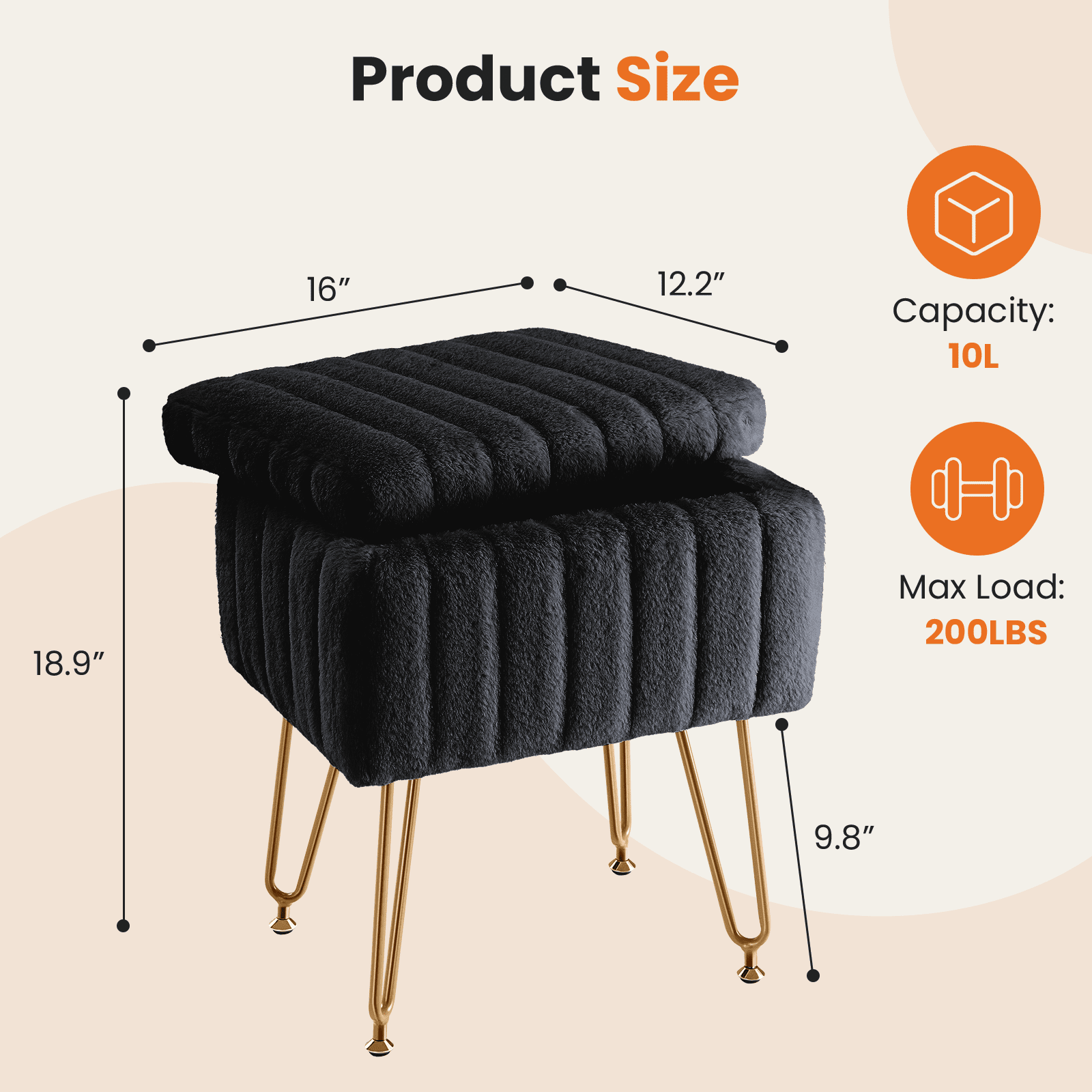 CONCETTA Storage Ottoman Bench, Faux Fur Vanity Footstool with Hidden Storage, Padded Seat & Adjustable Feet for Bedroom, Makeup Room, Entryway，Black