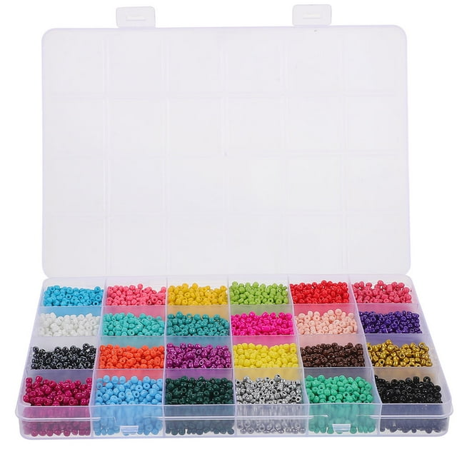 BRIGHTFUFU 24000Pcs Decorative Bracelet Beads Glass Round for DIY Jewelry Making and Thread Passing. A clear plastic organizer box containing 24 compartments of assorted round glass beads in vibrant colors, ideal for crafting bracelets, necklaces, and other jewelry projects. Each bead measures approximately 0.08 inches (0.20 cm) in diameter, offering durability and versatility for beginners and craft enthusiasts.