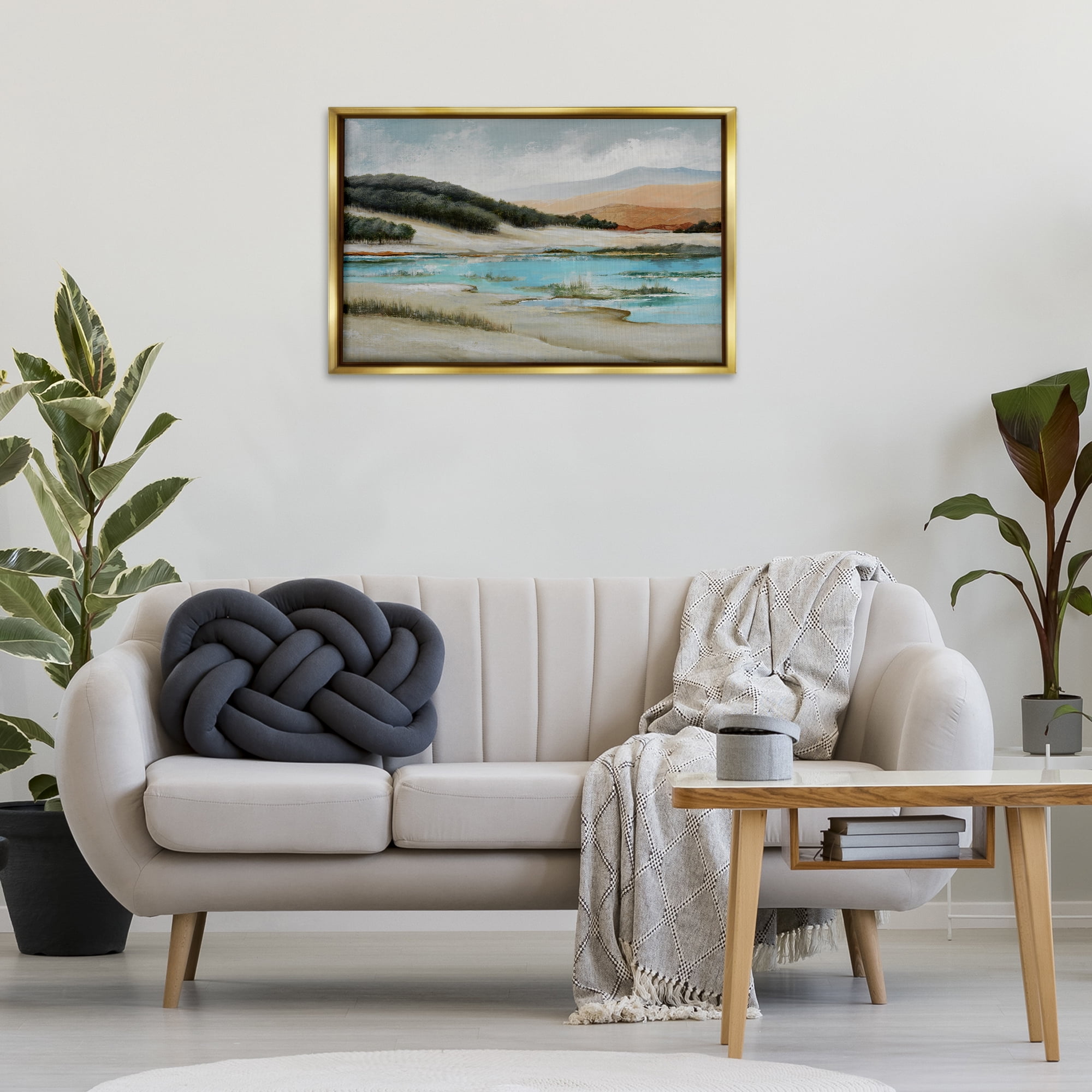 Stupell Industries River's Edge Landscape Landscape & Nature Painting Gold Floater Framed Canvas Art Print Wall Art, 31 x 21