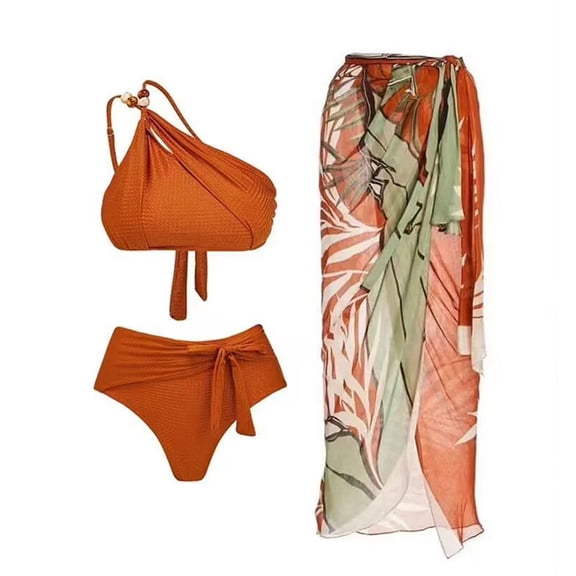 WREESH Womens Sarong Swimsuit Set Bikini Sets Beach Cover Up Wrap Skirt Vintage Printed 3Pc Swimwear Conservative Swimwear Printed Beach Skirt Set Bathing Suit Orange