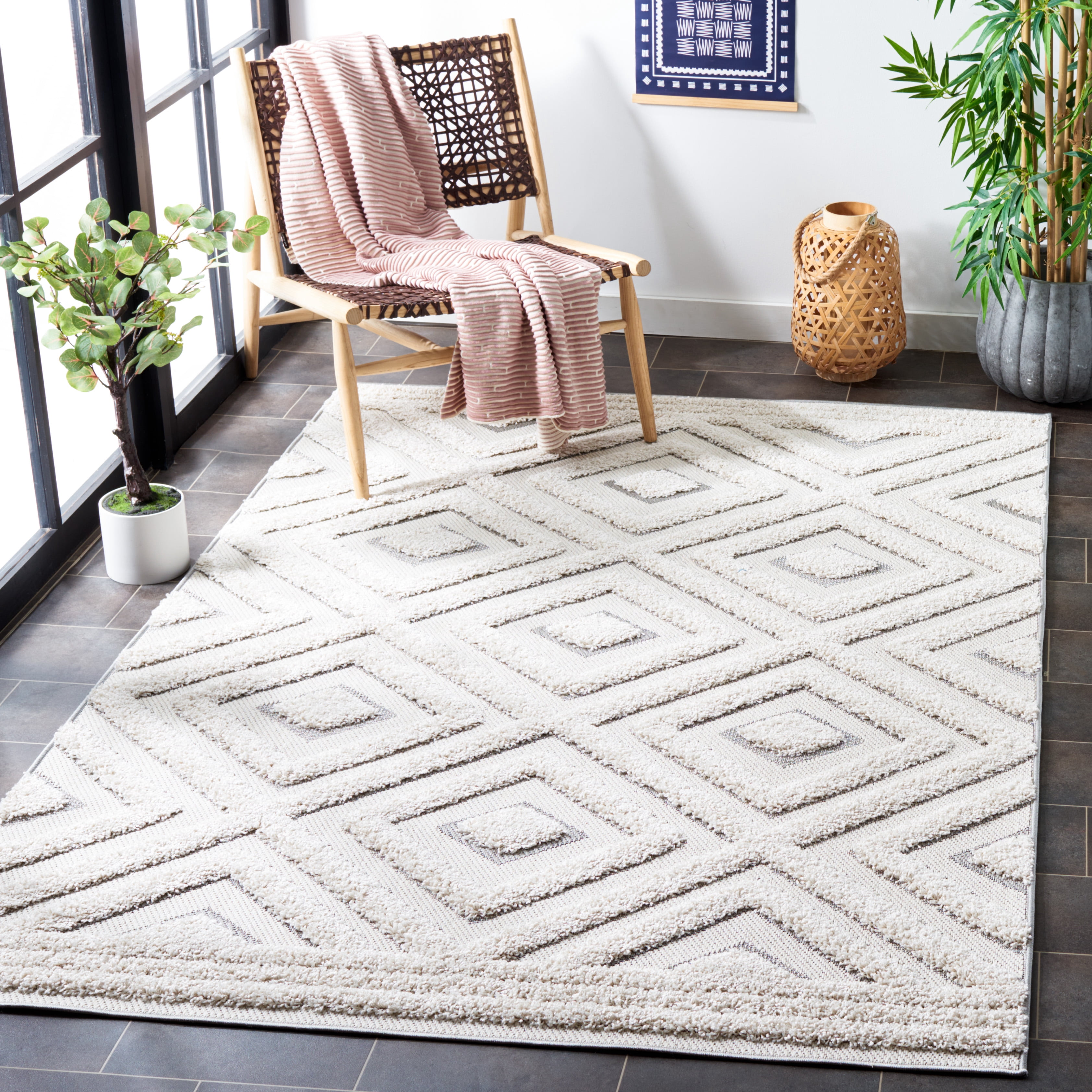 SAFAVIEH Cottage Wight Geometric Indoor/Outdoor Area Rug, Ivory/Light Grey, 4' x 6'
