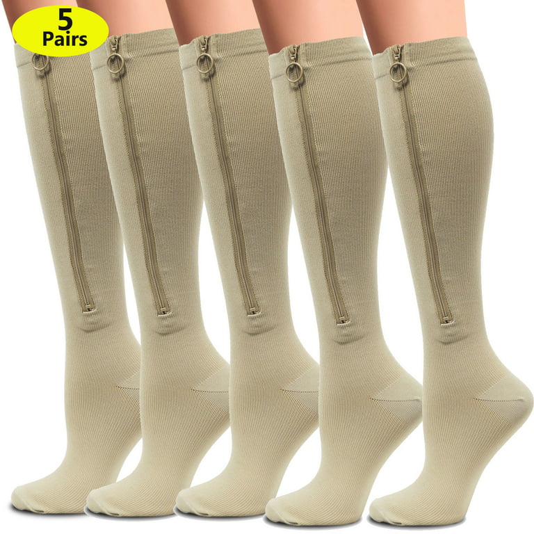 20-30mmHg Zippered Medical Compression Socks with Zipper Safe Protection &  Open Toe Support Stockings for Men and Women (XXL, Beige)
