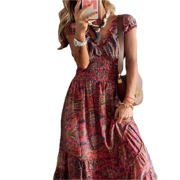 Women's Paisley Print Cap Sleeve Maxi Dress Plus Size Full Size Tiered Ruffle Stretch Not Lined 50% Polyester