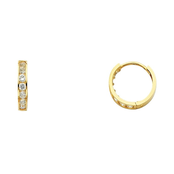Solid 14k Yellow Gold Huggie Hoop Earrings CZ Huggies Hoops Round CZ Style Polished Finish Small 13 mm
