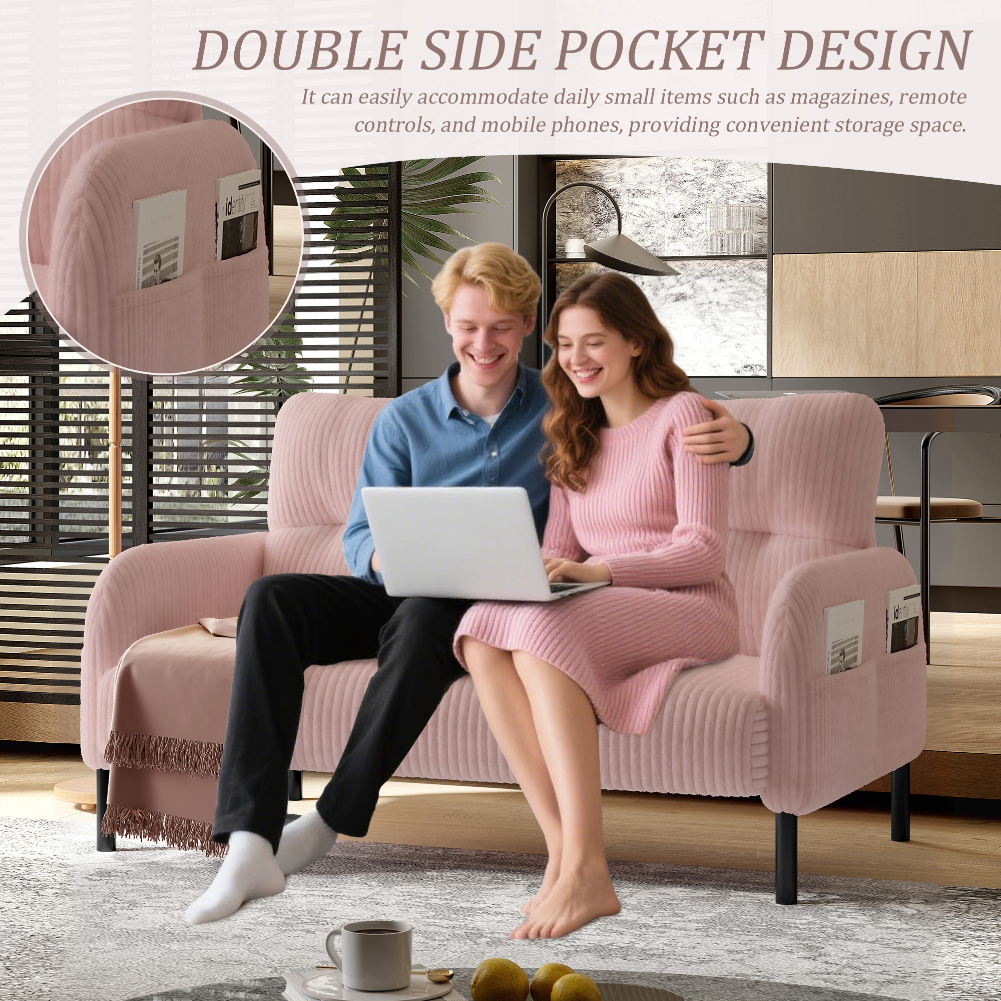 MOONMISS Corduroy Upholstered Tufted Comfortable Wood Frame Loveseats Sofa with Double Side Pocket-Pink