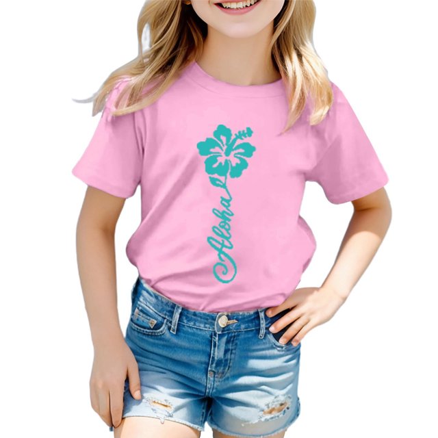 LUOGENLI T-Shirt pour Filles Garçon et Fille Mode Décontractée Imprimé Col Rond Ample Manche Courte T-Shirt Haut Maxi Hauts Ensembles Filles Tenue 2 Pcs Plage 12-13 Ans
