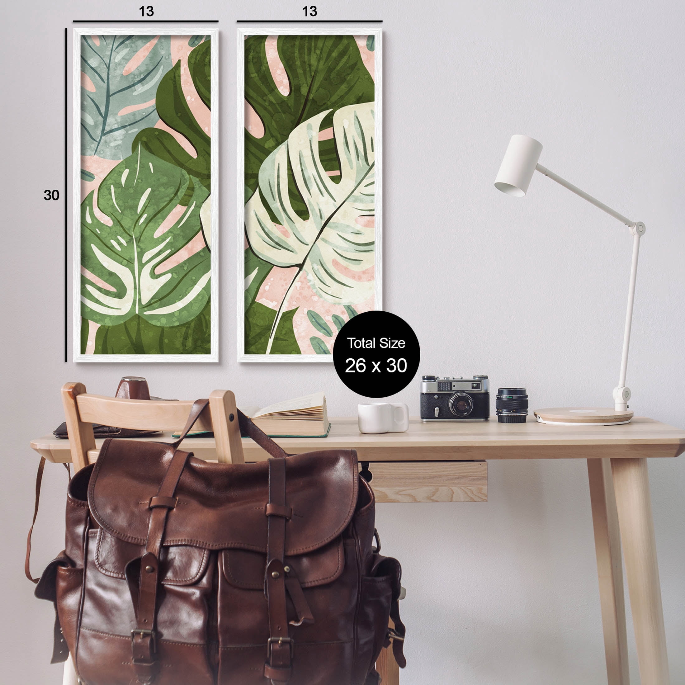 Modern Layered Monstera Leaves Botanical & Floral Graphic Art White Framed Art Print Wall Art, Set of 2