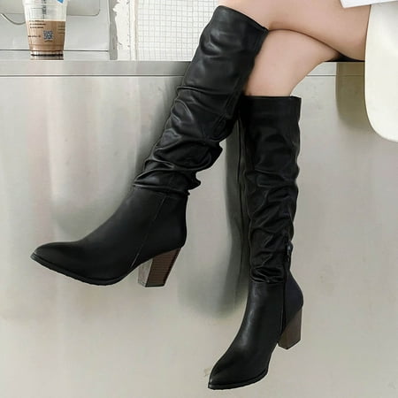 

Womail Boots for Women Women s Autumn Warm Faux Leather Boots Stacked Pointed Toe Thick High Chunky Heels High-top Side-Zipper Stretch Boots Riding Footwear Fashion Fall Winter Boots