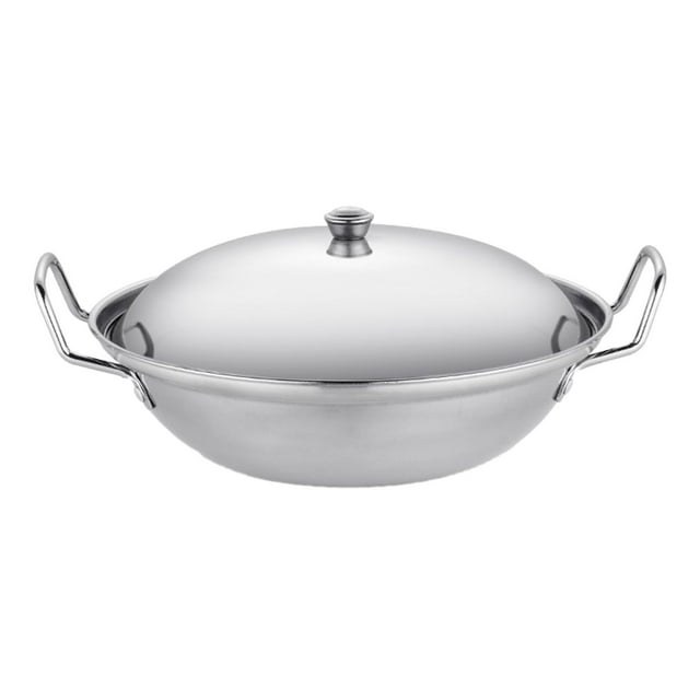 Professional Stainless Steel Paella Pan - Multi-Purpose Wok with Double Handles & Glass Lid for Stir Frying, Searing, Deep Frying & Outdoor Cooking
