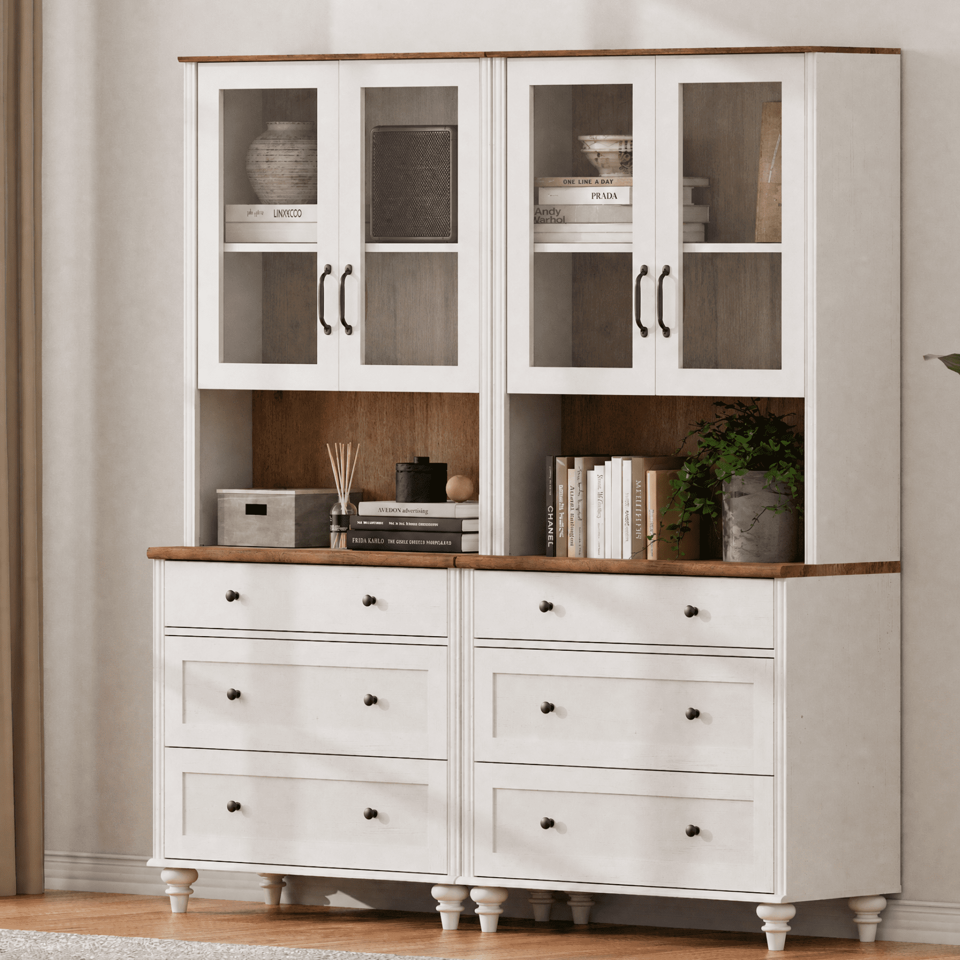 Sideboard Buffet Cabinet with Storage, 5-Tier Large Bookcase with Ample Storages, Farmhouse Bookshelf with 6 Drawers, Vintage Bookshelves for Living Room, Office, Study Room, White, 72" H