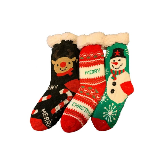 Winter Sherpa Lined Knitted Fluffy Thermal Soft Warm Cozy Christmas Slipper Gift Socks, Christmas, 9 - 11, 3 Pairs