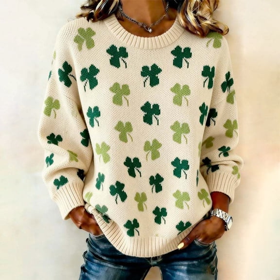 St Patricks Day Sweater Women Shamrock Clover Sweatshirts Irish Ireland Crew Neck Long Sleeve Pullover Knit Tops Beige L