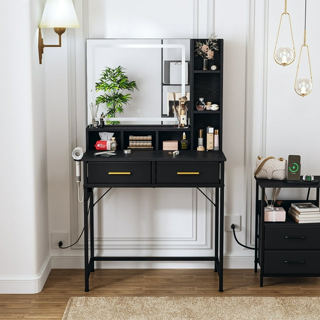 Tocador con Espejo FurnitureR con 2 Cajones y Luces LED 3 Modos Negro