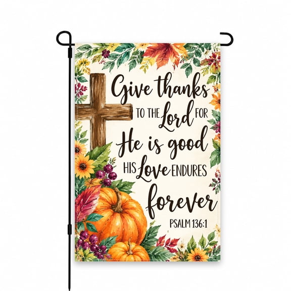 Inspirational Autumn Garden Flag 12x18 Inch with Pumpkins, Cross & Fall Leaves - Christian Decor for Yard, Lawn, Patio, Porch, Outdoor Thanksgiving Display