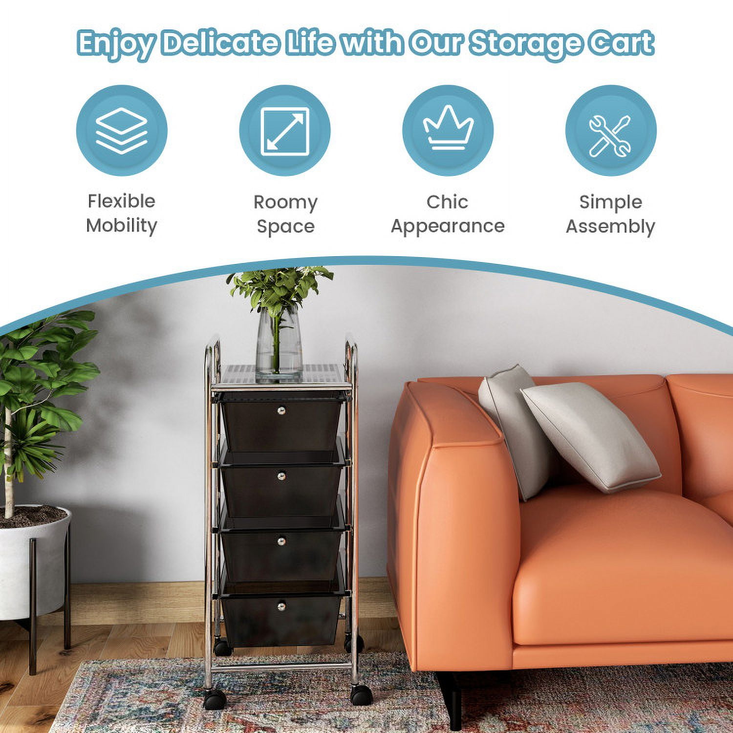 Demi Bonn 4-Drawer Cart Storage Bin Organizer Rolling with 4 Universal Casters, Black