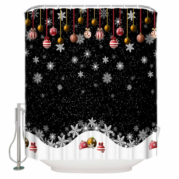Christmas Snowflakes Shower Curtain, 72" x 72", Xmas Balls Winter Black Background Waterproof Bathroom Curtain Washable Shower Curtain Set with 12 Hooks