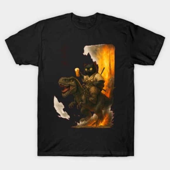 Black Cat Samurai Dinosaur Sea Wave Print Japanese Mashup Art Unisex T-Shirt, sizes up to 3XL