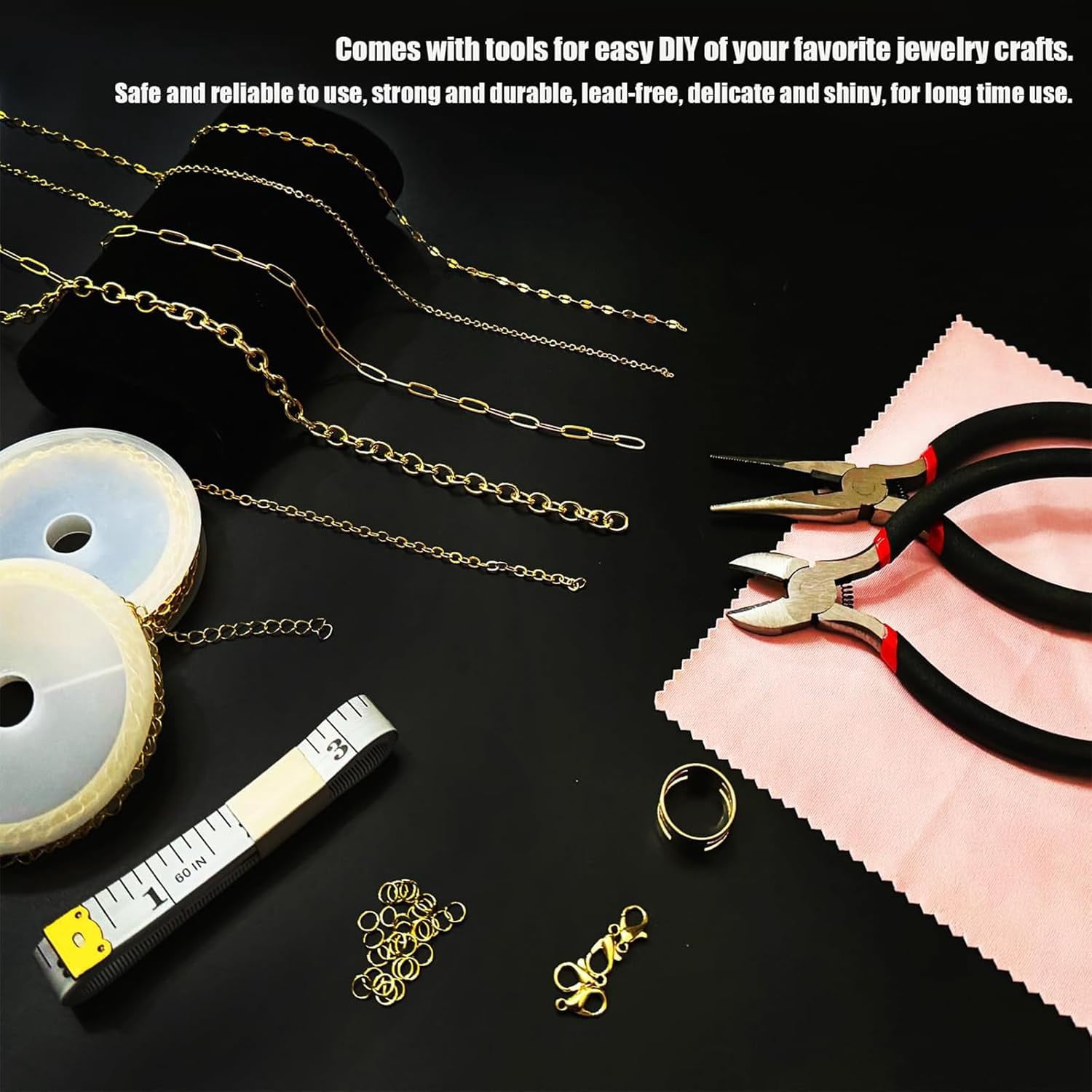 Gold Necklace Chain for Jewelry Making, 46ft 6 Style Rolled Steel DIY Jewelry Chain Roll Bracelet Bulk Link Plated Permanent for Earring Anklet Craft with Jump Ring, Lobster Clasp, Pliers