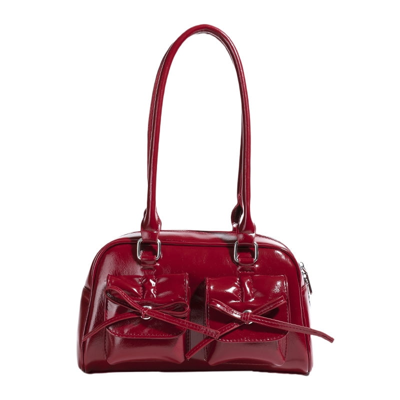 Baguery Y2k Ita Bag - Cute Bow Faux Leather Shoulder Tote, Japanese Aesthetic Red Handbag (11.81×3.94×6.69in)